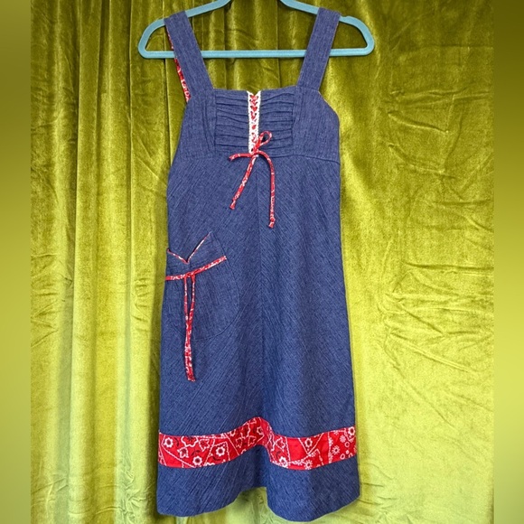 Vintage Dresses & Skirts - Vintage 1970s Blue & Red Handkerchief Print Lace Up Mini Dress. Size XS